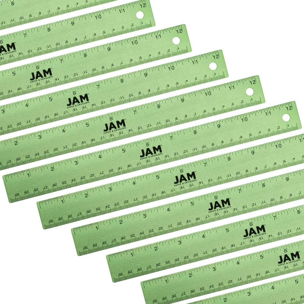 JAM PAPER Strong Aluminum Ruler - 12 Inch - Metal Ruler with Non-Skid Cork Backing - Lime Green - Sold Individually