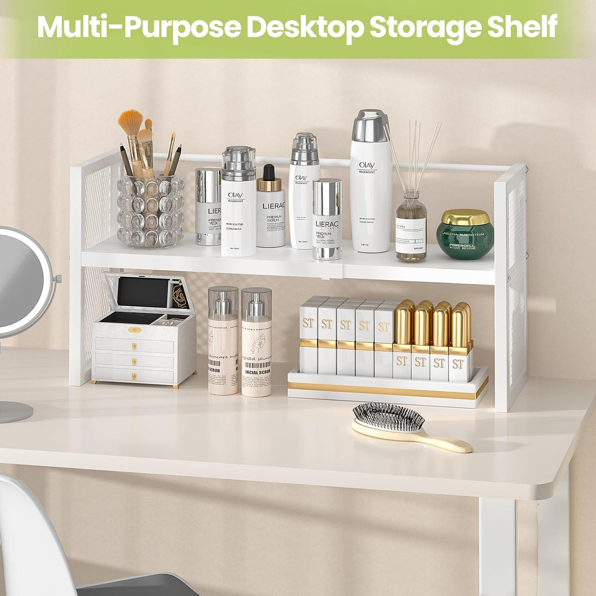 ThreeHio Expandable Desktop Bookshelf, Desk Shelf Organizer Adjustable Height, White Book Shelf for Top of Desk Organizers and Accessories, Metal Countertop Storage Display Rack for Home Office Dorm