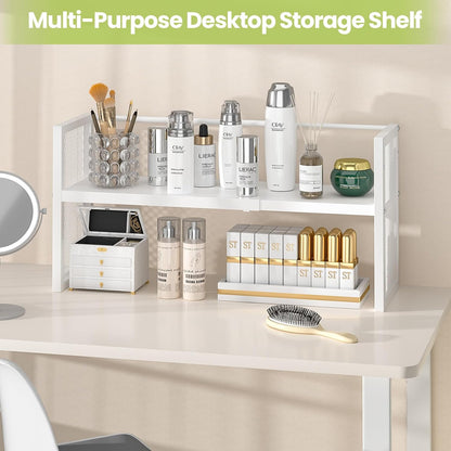 ThreeHio Expandable Desktop Bookshelf, Desk Shelf Organizer Adjustable Height, White Book Shelf for Top of Desk Organizers and Accessories, Metal Countertop Storage Display Rack for Home Office Dorm