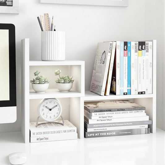 Jerry & Maggie - Desktop Organizer Office Storage Rack Adjustable Wood Display Shelf | Birthday Gifts - Toy - Home Decor | - Free Style Rotation Display - True Natural Stand Shelf (White)