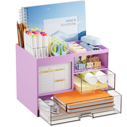 Marbrasse Desk Organizer with 3 Drawer, Multi-Functional Pencil Pen Holder for Desk, Desk Organizers and Accessories with 4 Compartments, Desktop Organizer Storage for Office Home Art Supplies (Black)