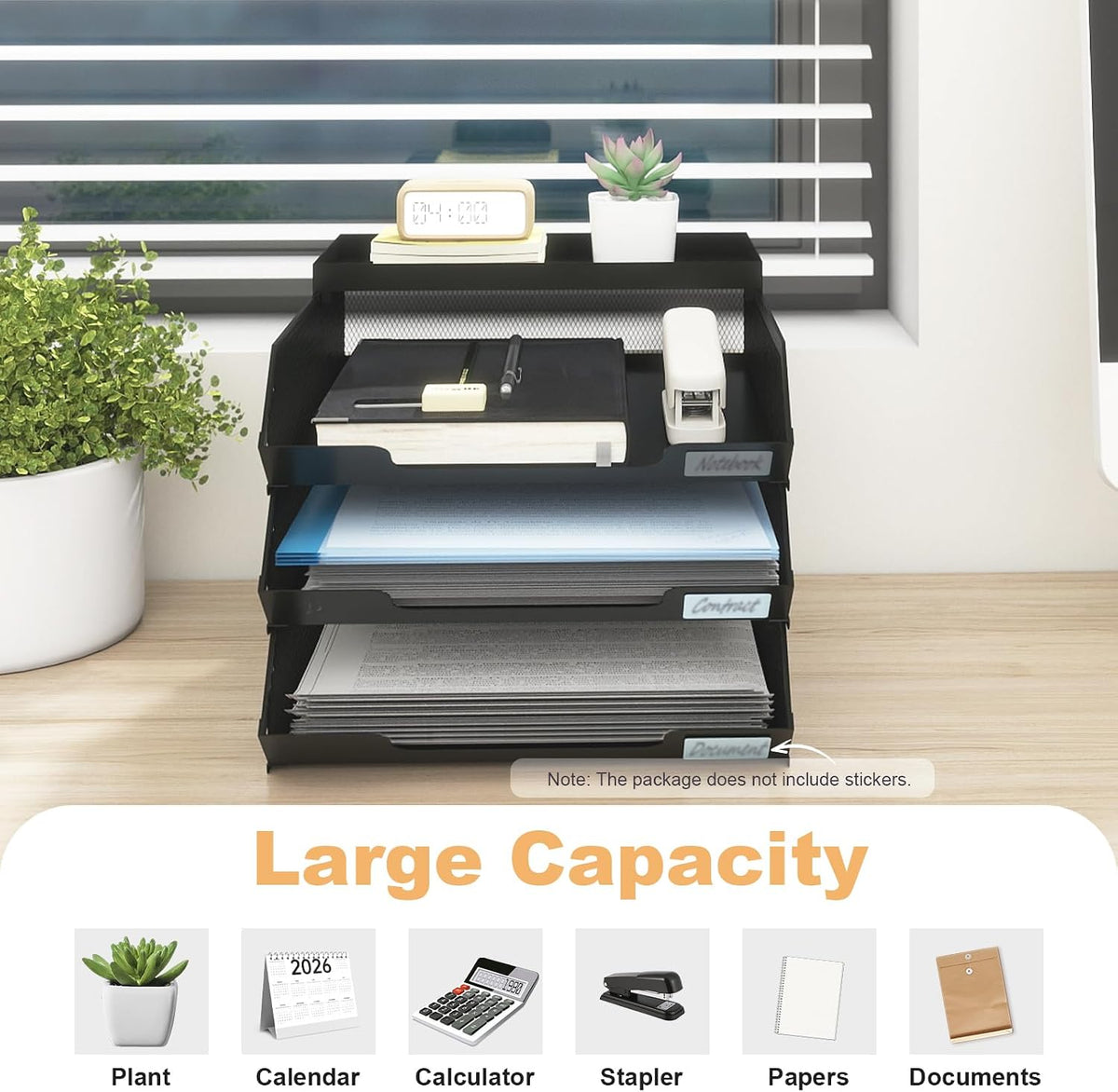 Natwind 3-Tier Stackable Metal Mesh Paper Organizer with Sliding Tray,Black