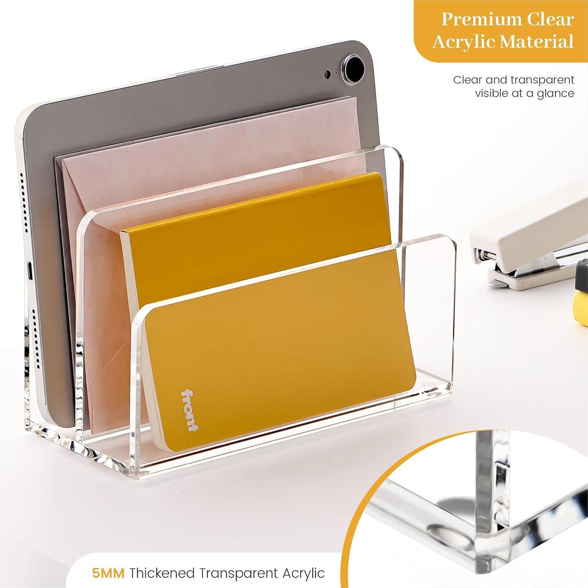 YUXUN Acrylic Mail Organizer, Clear Mail Holder - 2 Compartments Mail Sorter, File Organizer for Desk, Office Accessories for Mail, Bills, Documents, Notebooks