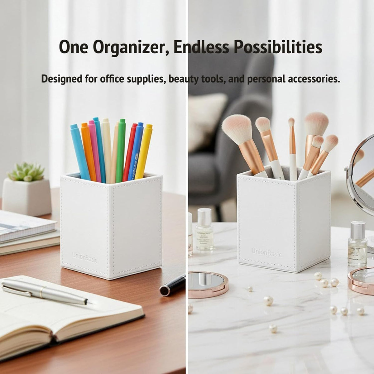 UnionBasic Square Pen Holder, Leather Pencil Cup, Desktop Caddy Stationery Organizer, White