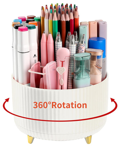 Desk Pencil Pen Holder, 5 Slots 360°Degree Rotating Pen Organizers for Desk, Desktop Storage Stationery Supplies Organizer, Cute Pencil Cup Pot for Office, School, Home, Art Supply, Dark Green