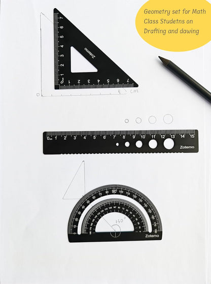 Metal Geometry Set, 5-piece Aluminum Ruler, Math Drafting Ruler Kit Includes Protractor, Triangle Rulers, Straight Rulers-Math Measurement Tools for School and Office Supplies (Black)