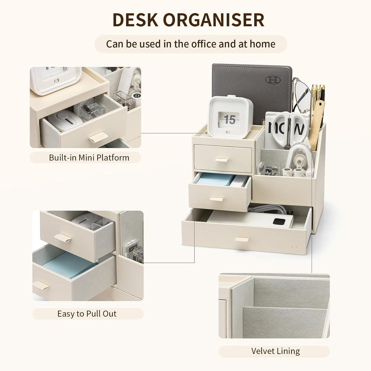 VLANDO Desk Organizer,PU Leather Office Storage with Compartments,Beige
