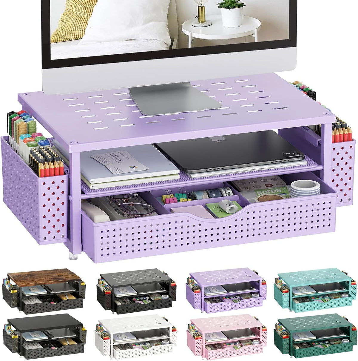 gianotter Desk Organizers and Accessories, Monitor Stand with Drawer and 2 Pen Holder, Desktop Organizer Suitable for Offices and Dormitories (Wood)