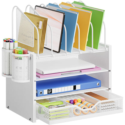 Marbrasse Desk Organizer with Drawer, 4-Tier Mesh File Organizer with 5 Vertical File Holders and 2 Pen Holders, Multifunction Desktop Organizer,Desk Organizers and Accessories for Home Office