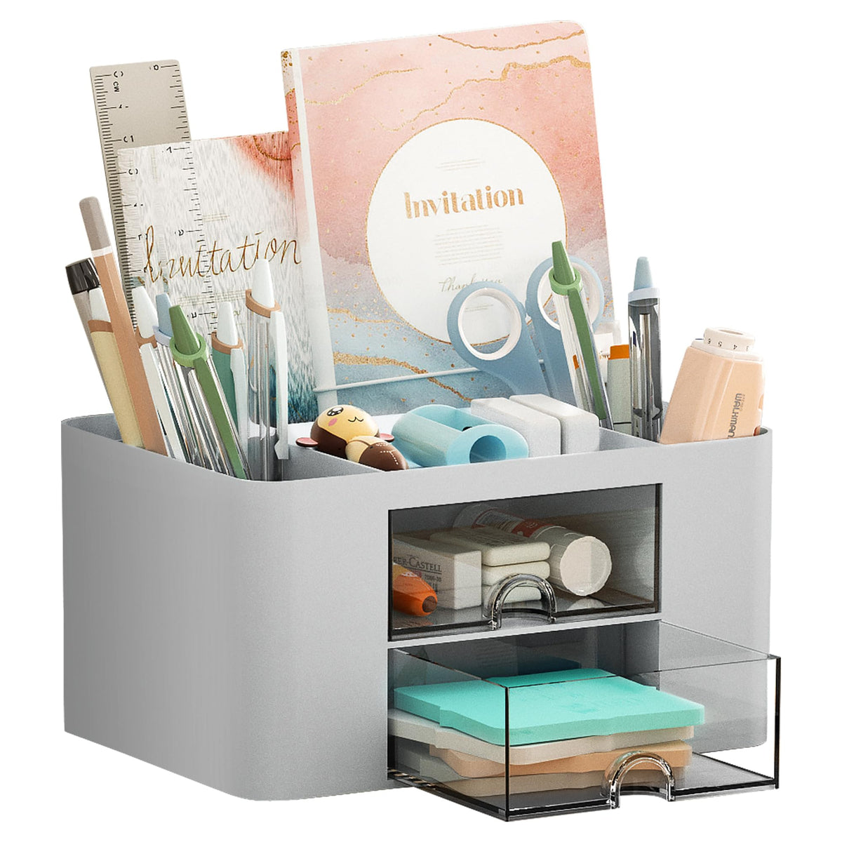 Marbrasse Pen Organizer with 2 Drawer, Multi-Functional Pencil Holder for Desk, Desk Organizers and Accessories with 5 Compartments + Drawer for Office Art Supplies (White)