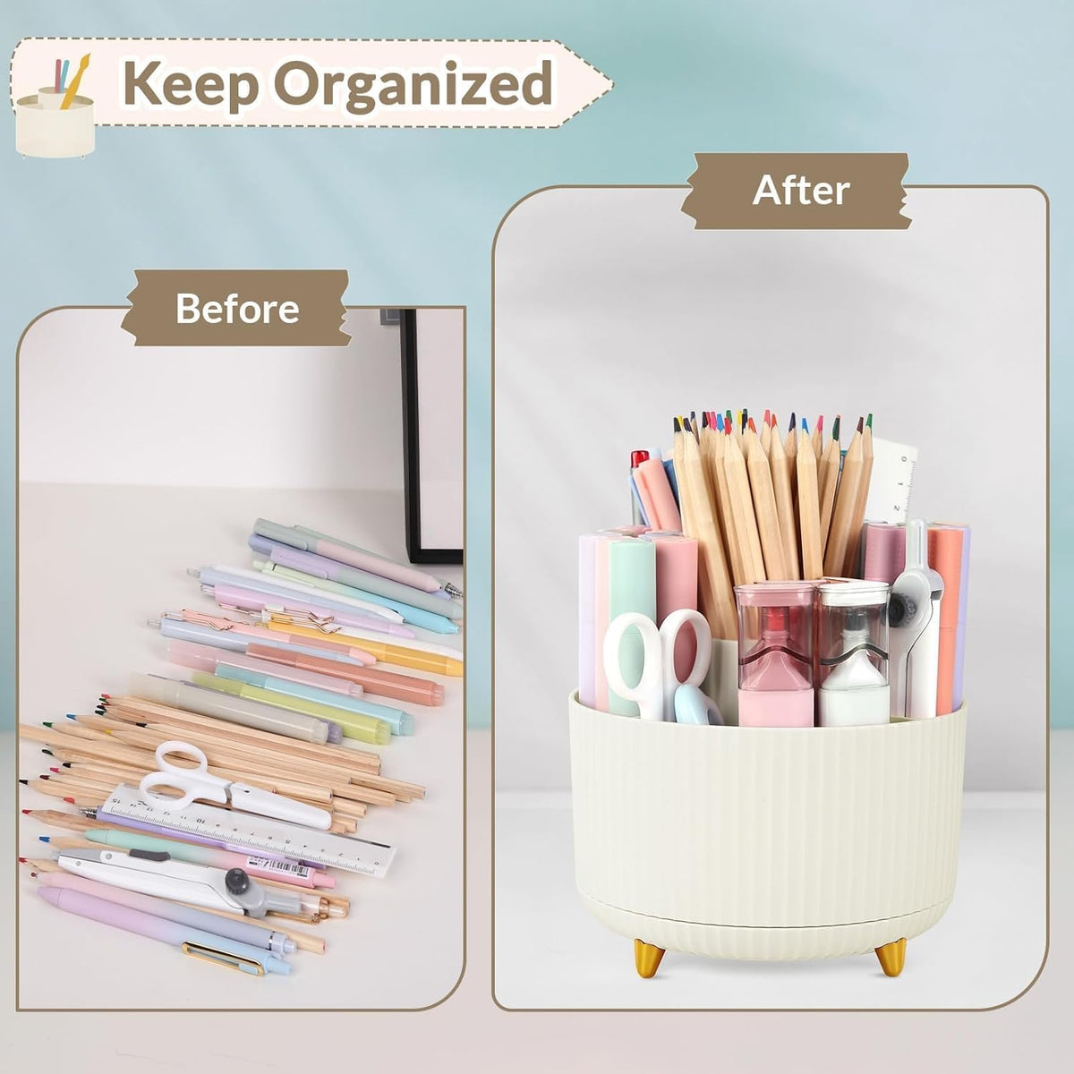 SKYDUE 360 Rotating Plastic Desk Pen Organizer with 5 Slots, Dual-Purpose Art Supply Pencil Cup for Office, School, Home