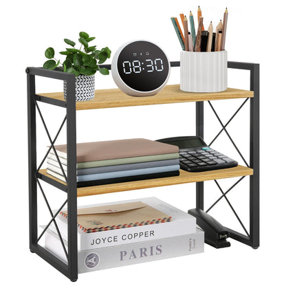 YINMIT Desktop Shelf Organizer, 2 Tier Office Shelves, Wood Desk Organizer Storage Rack and Freestanding Display Shelf for Office, Dormitory, Home
