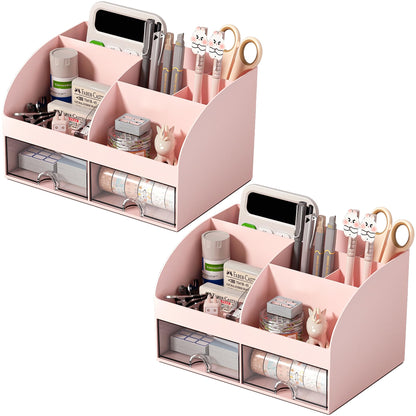 COMFYROOM Desk Organizer with 6 Compartments and 2 Drawers, Plastic Makeup Organizer, Pen Holder for Desktop Storage, Desk Organization for School, Home, Office Supplies (Black)