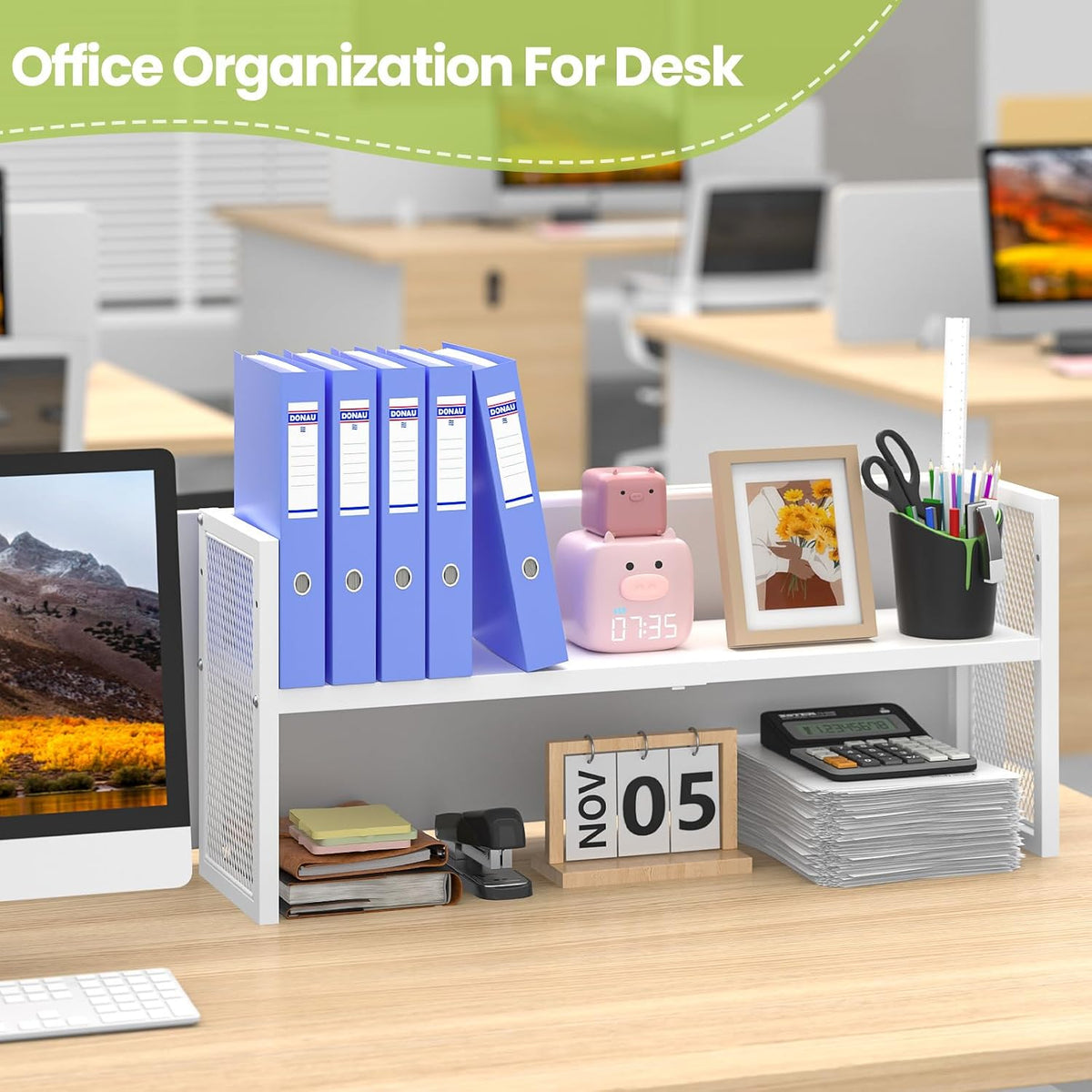 ThreeHio Expandable Desktop Bookshelf, Desk Shelf Organizer Adjustable Height, White Book Shelf for Top of Desk Organizers and Accessories, Metal Countertop Storage Display Rack for Home Office Dorm