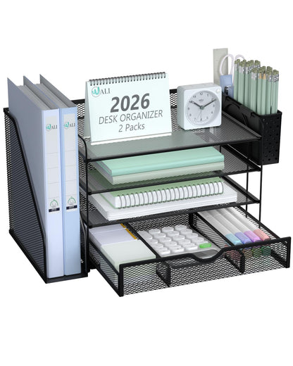 WALI Desk File Organizer, 4 Tier Desktop Paper Letter Tray Organizer with Drawer and 2 Pen Holders, Office Desk Accessories & Workspace Organizers for Office, Home Supplies(DO005DH-B), 1 Pack, Black