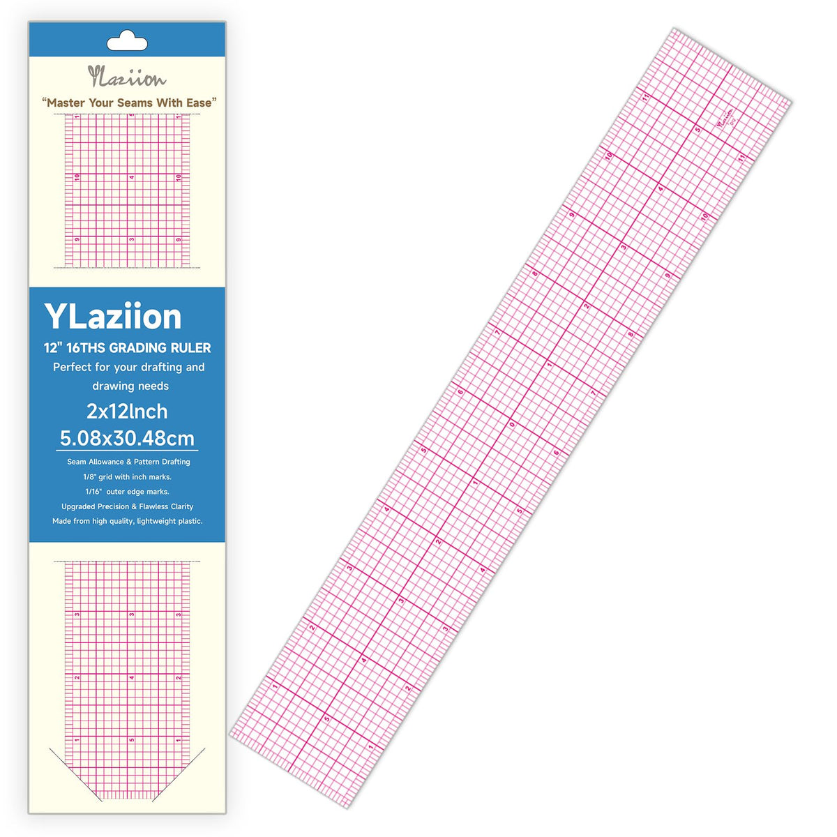 YLaziion Clear Ruler for Sewing 2x12 Inch Grid Graph Ruler 1.4mm Thick PVC