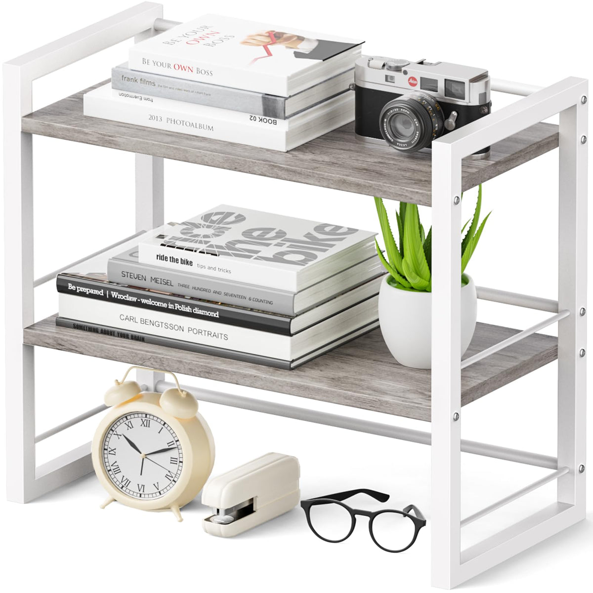 Office Desk Shelf Organizer, Wood Desktop Bookshelf Supplies Storage Rack, Shelf for Top of Desk and Dresser (Brown-2 Tier)