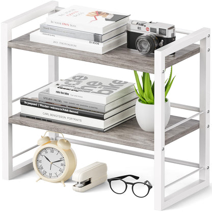 Office Desk Shelf Organizer, Wood Desktop Bookshelf Supplies Storage Rack, Shelf for Top of Desk and Dresser (Brown-2 Tier)