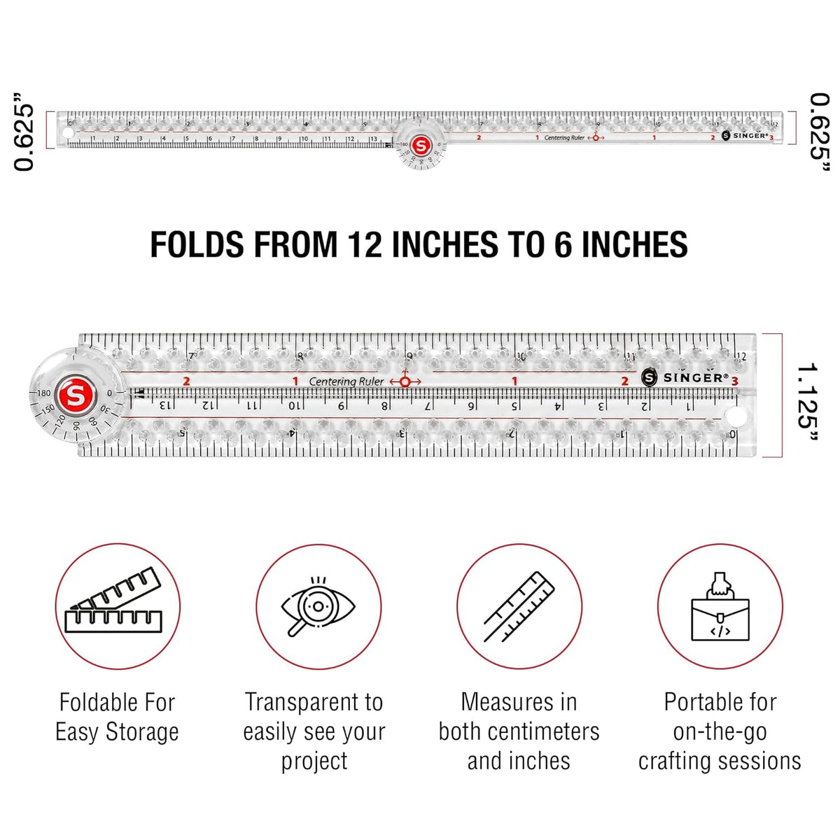 SINGER 12-Inch Folding Ruler with Precision Marking & Zero-Centering for Sewing, Quilting, Crafting & Patternmaking - Clear Metric Ruler - 15 Increment Quick Angle Ruler, Folds to 6”
