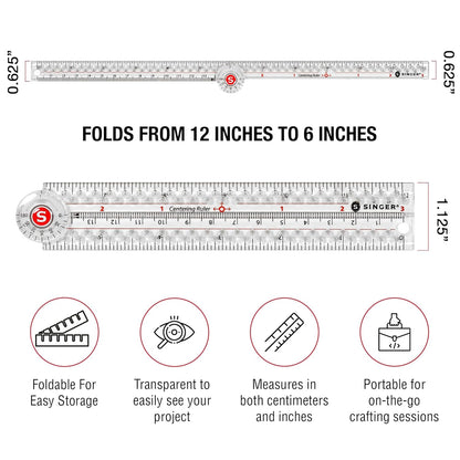 SINGER 12-Inch Folding Ruler with Precision Marking & Zero-Centering for Sewing, Quilting, Crafting & Patternmaking - Clear Metric Ruler - 15 Increment Quick Angle Ruler, Folds to 6”