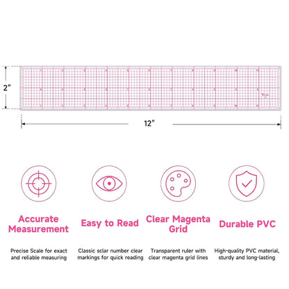 YLaziion Clear Ruler for Sewing 2x12 Inch Grid Graph Ruler 1.4mm Thick PVC
