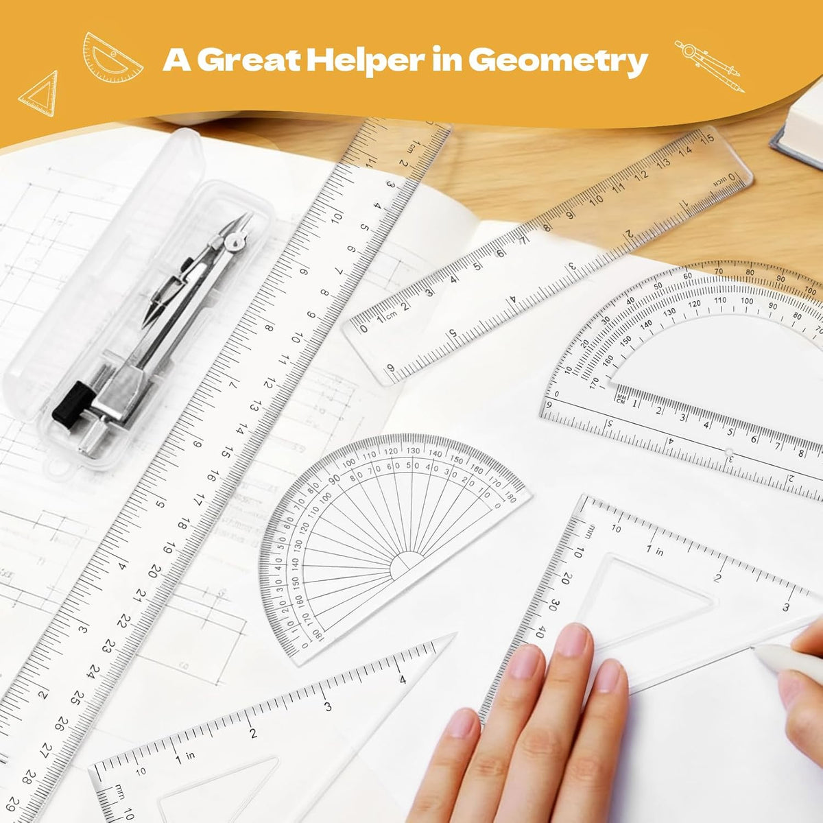 7Pcs Geometry Set-Clear Plastic Rulers,Triangle Ruler,Protractor,Compass
