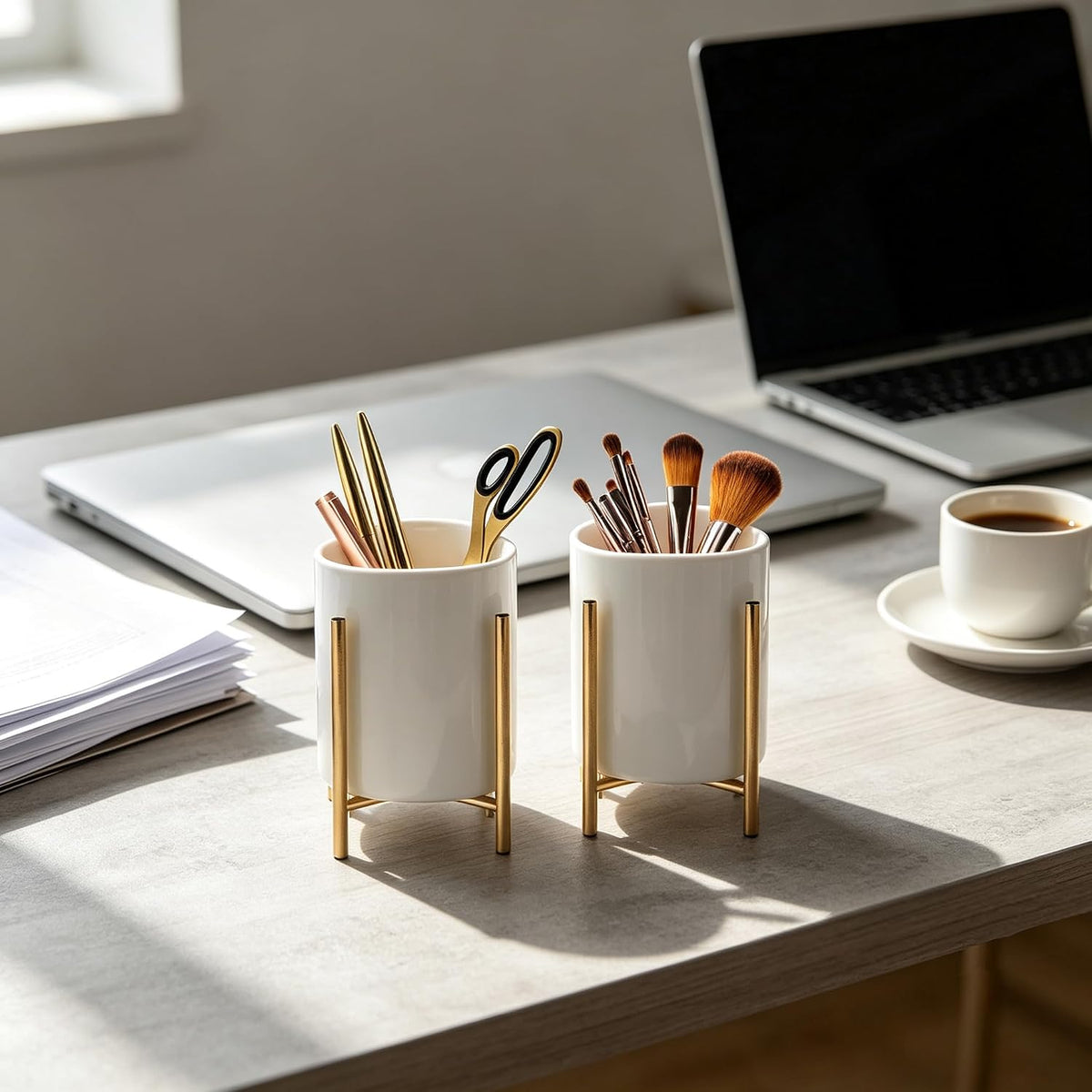 Gold pencil cup Sturdy metal frame with white ceramic pen holder For desks and kitchen appliance holders