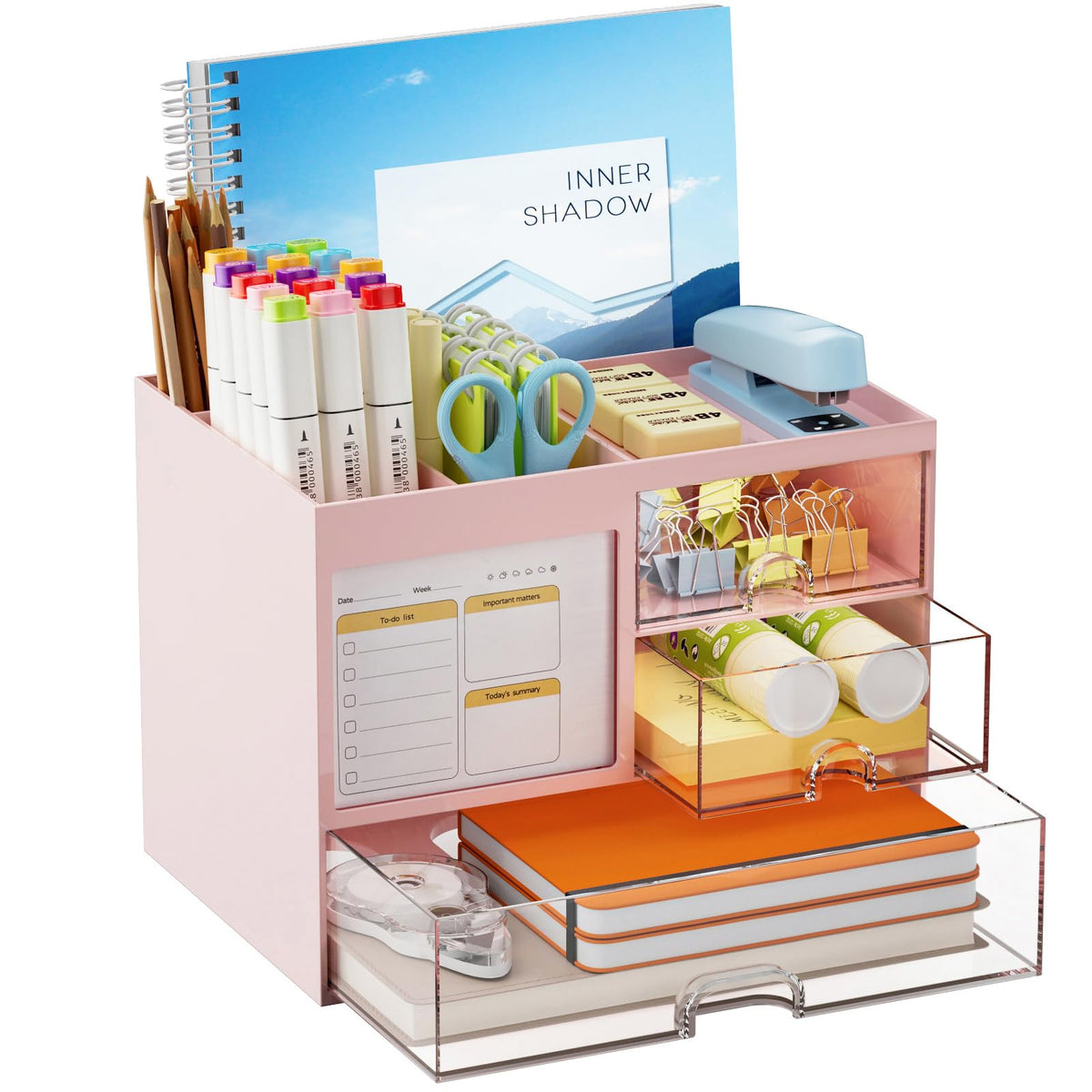 Marbrasse Desk Organizer with 3 Drawer, Multi-Functional Pencil Pen Holder for Desk, Desk Organizers and Accessories with 4 Compartments, Desktop Organizer Storage for Office Home Art Supplies (Black)