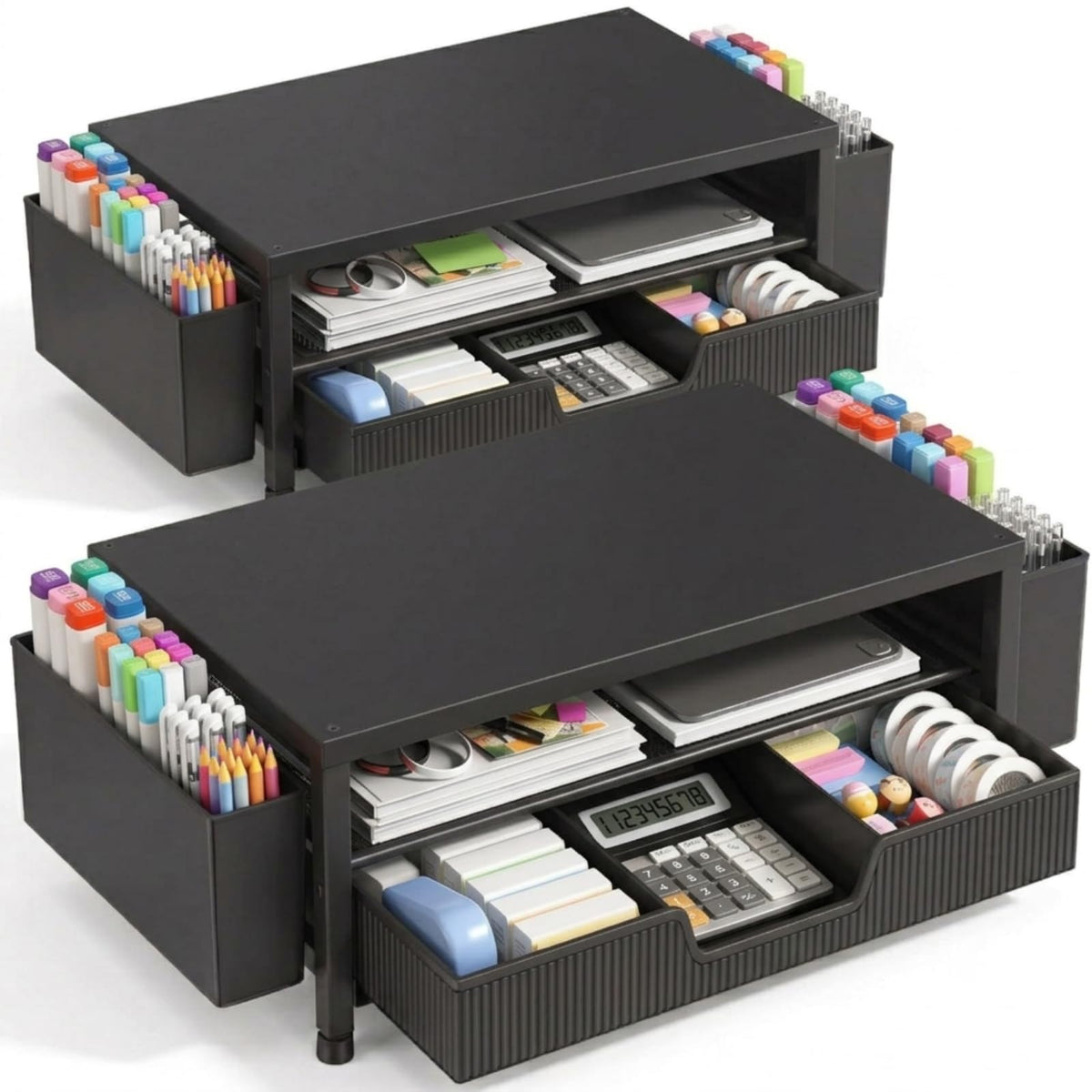 ECOLOVI Desk Organizer and Accessories, 2-Tier Computer Monitor Stand Rise with Storage Drawer & 2 Pen Holders, Laptop & Printer Stand for Desktop, Workspace Organizers for Office Supplies (Black)