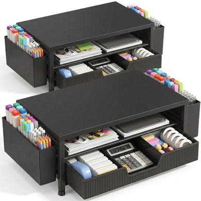 ECOLOVI Desk Organizer and Accessories, 2-Tier Computer Monitor Stand Rise with Storage Drawer & 2 Pen Holders, Laptop & Printer Stand for Desktop, Workspace Organizers for Office Supplies (Black)