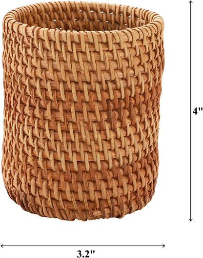 Okllen 2 Pack Rattan Pencil Holder, Handmade Wicker Pen Cup Makeup Brushes Holder, Woven Vine Desk Organizer Pen Container Box for Office & Home Desktop, Kitchen Utensil Cutlery, Cylinder