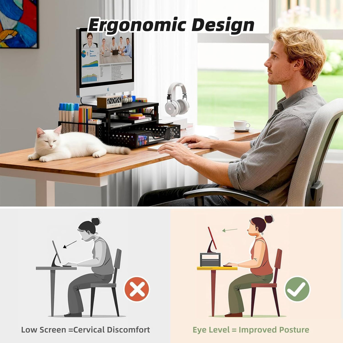 Simple Trending Monitor Stand Riser, Laptop Stand, Desktop Drawer, Black