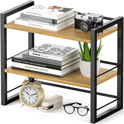 Office Desk Shelf Organizer, Wood Desktop Bookshelf Supplies Storage Rack, Shelf for Top of Desk and Dresser (Brown-2 Tier)