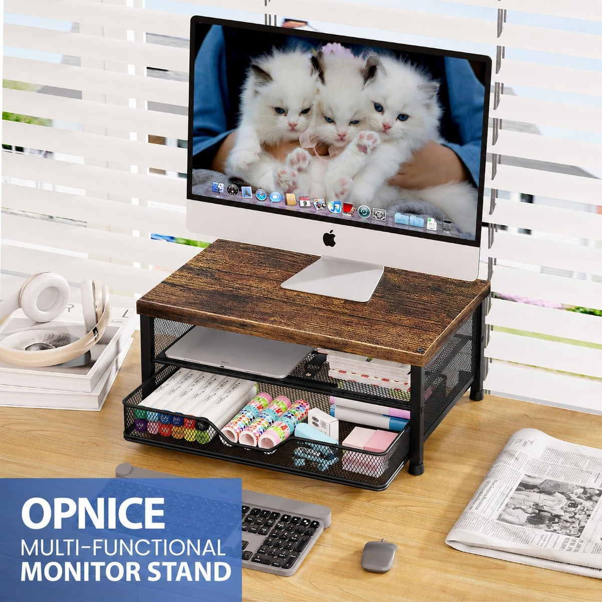 OPNICE Computer Monitor Stand Riser, Desk Organizer with Drawer, Printer & Laptop Stand, Office Desk Accessories & Workspace Desktop Organizers Storage for Office Supplies(Brown)