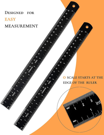 Metal Ruler 12 Inch 2 Pack, 30cm Stainless Steel Metric Ruler for Architects & Engineering, Professional Zero Start Straight Edge Ruler, Easy to Read Black Rule with Laser Etched Scales