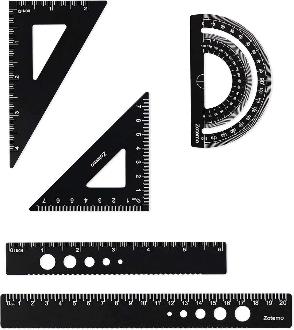 Metal Geometry Set, 5-piece Aluminum Ruler, Math Drafting Ruler Kit Includes Protractor, Triangle Rulers, Straight Rulers-Math Measurement Tools for School and Office Supplies (Black)