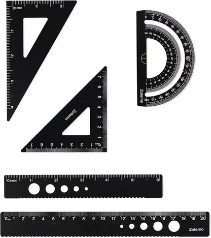 Metal Geometry Set, 5-piece Aluminum Ruler, Math Drafting Ruler Kit Includes Protractor, Triangle Rulers, Straight Rulers-Math Measurement Tools for School and Office Supplies (Black)