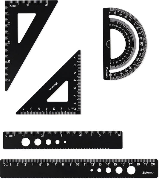 Metal Geometry Set, 5-piece Aluminum Ruler, Math Drafting Ruler Kit Includes Protractor, Triangle Rulers, Straight Rulers-Math Measurement Tools for School and Office Supplies (Black)