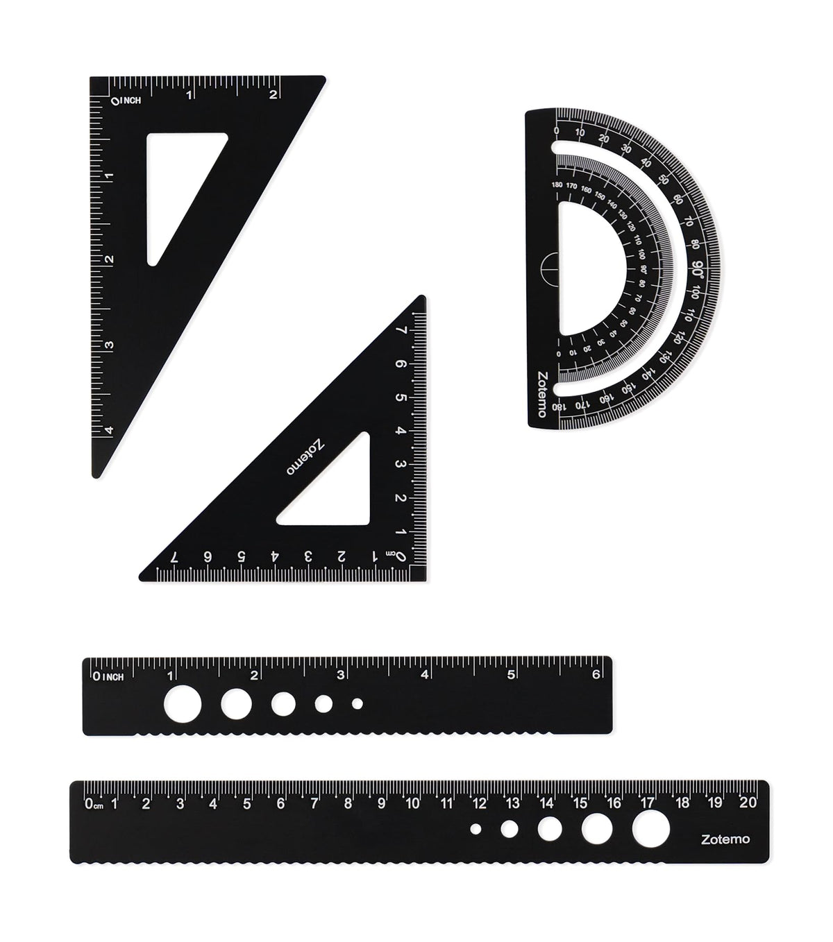 Metal Geometry Set, 5-piece Aluminum Ruler, Math Drafting Ruler Kit Includes Protractor, Triangle Rulers, Straight Rulers-Math Measurement Tools for School and Office Supplies (Black)