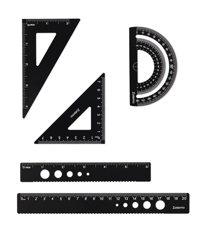 Metal Geometry Set, 5-piece Aluminum Ruler, Math Drafting Ruler Kit Includes Protractor, Triangle Rulers, Straight Rulers-Math Measurement Tools for School and Office Supplies (Black)