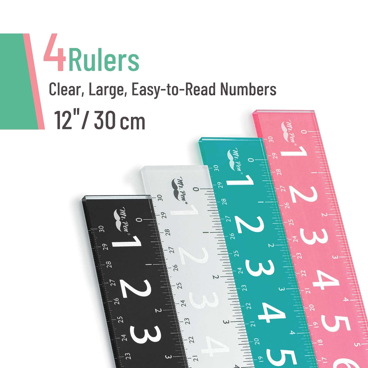 Mr. Pen- Plastic Rulers with Large Numbers, 4 Pack, 12 Inch