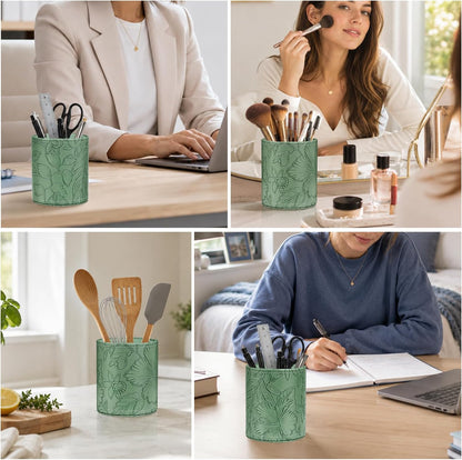 Round Leather Pen Holder for Desk, Desktop Organizer, (Carved Green)