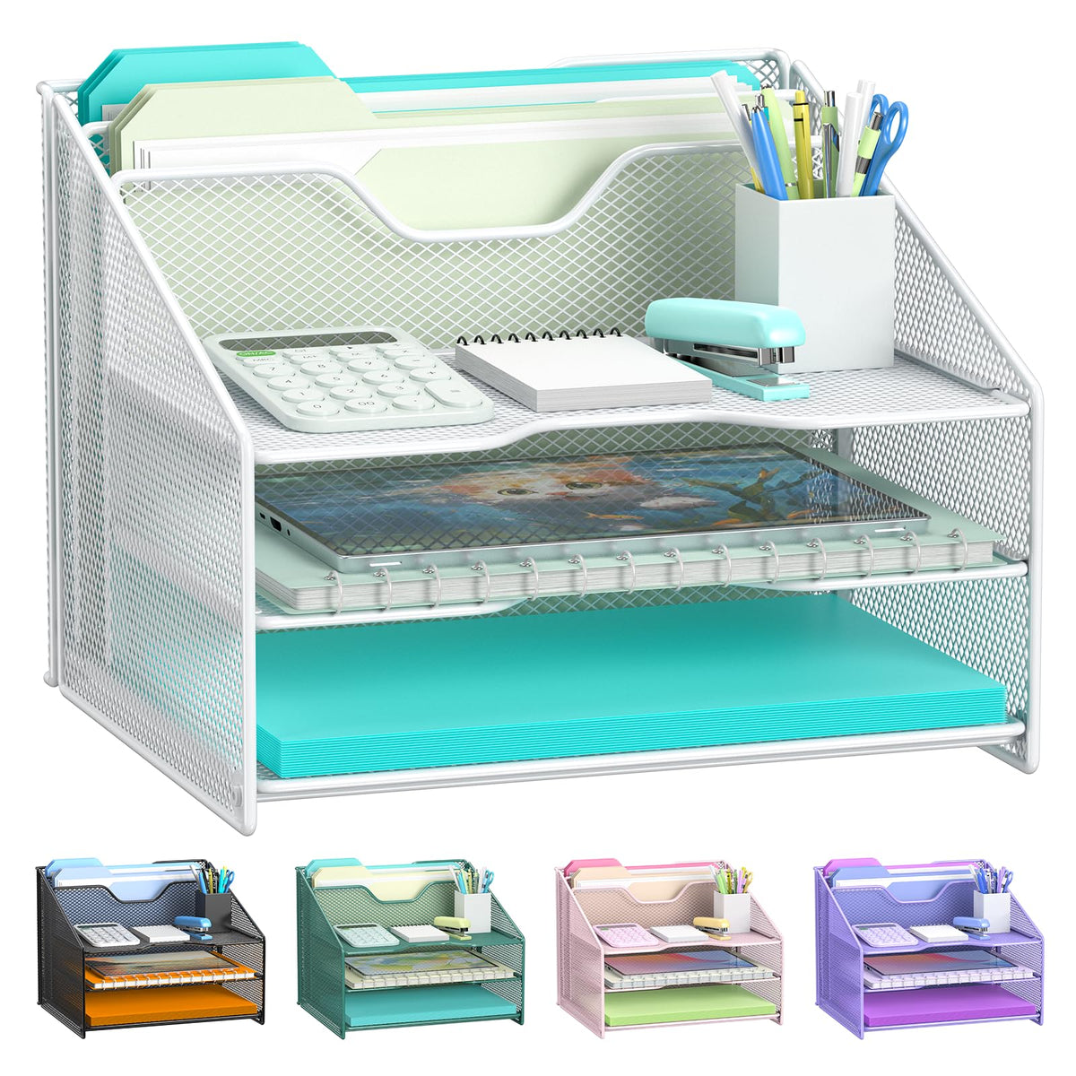 Samstar Desk File Organizer, Mesh Letter File Folder Holder with 3 Paper Trays and 2 Vertical Upright Section, for Office Supplies,Desk Accessories & Workspace,Black.