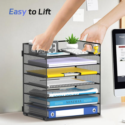 7 Tier Paper Organizer for Desk with Letter Trays & Handle Black