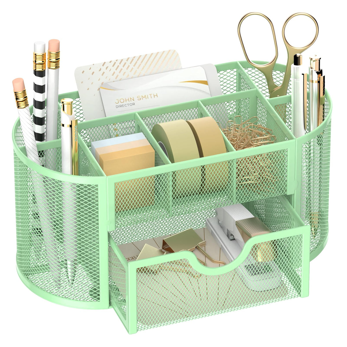 Mesh Desk Organizer with Drawer, 9-Compartment Pen Holder for Desk, Black