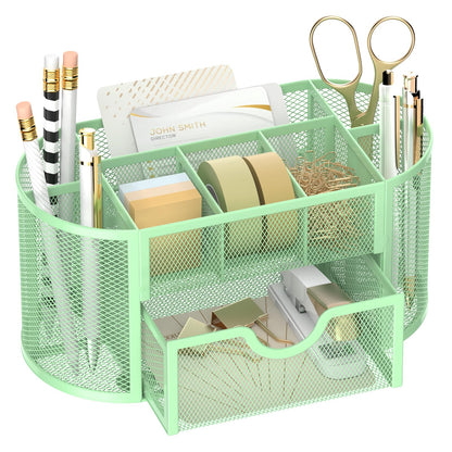 Mesh Desk Organizer with Drawer, 9-Compartment Pen Holder for Desk, Black