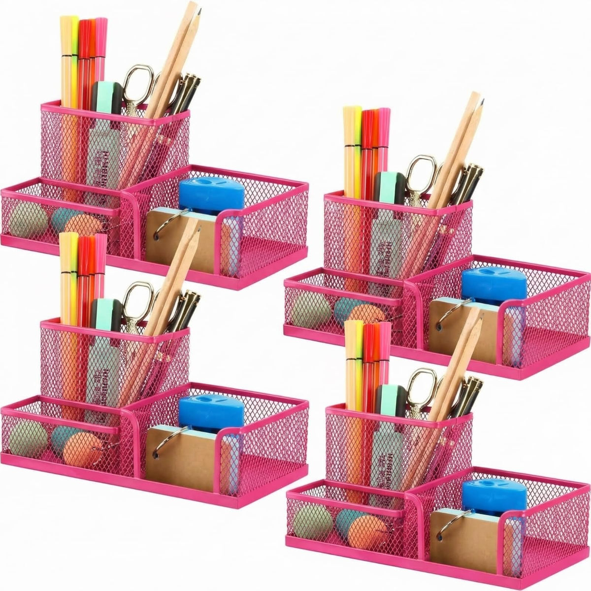 Ferraycle 4 Pcs Mesh Desk Organizer 3 Compartments Mesh Metal Pen Holder