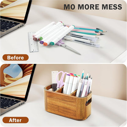Acacia Pencil Pen Holder for Desk, Wooden Office Organizer with 3 Slots for Countertop, Makeup Brush Holder Remote Control Organizer for School Home Supplies