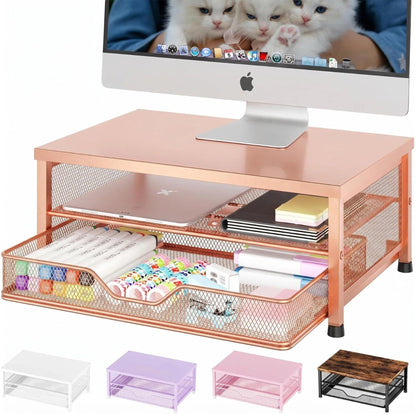 OPNICE Computer Monitor Stand Riser, Desk Organizer with Drawer, Printer & Laptop Stand, Office Desk Accessories & Workspace Desktop Organizers Storage for Office Supplies(Brown)