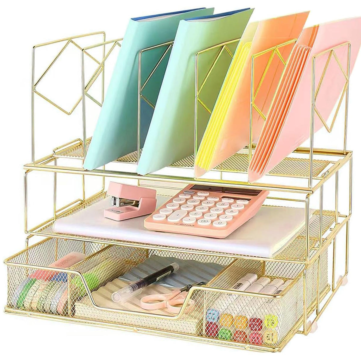 Desk Organizers and Accessories, 2-Tier Desk Organizer with Drawer, Black